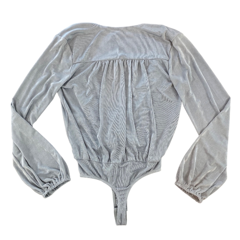 By Together Gray Silver Shimmer Slinky Wrap Bodysuit Long Sleeve Sheer Size L - Picture 3 of 6